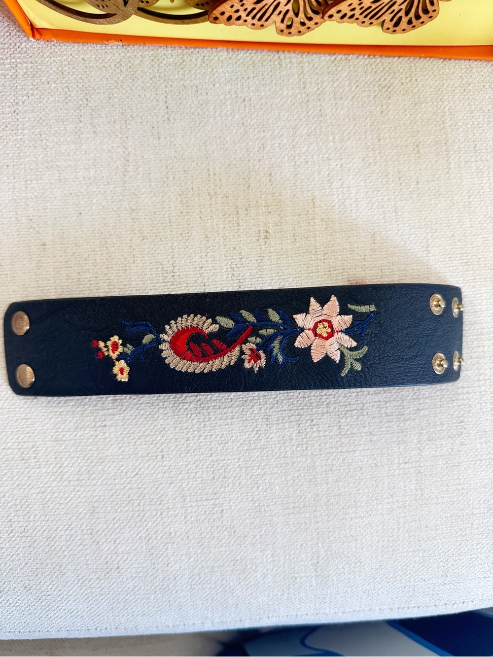 Embroidered Black Leather Floral Snap Bracelet